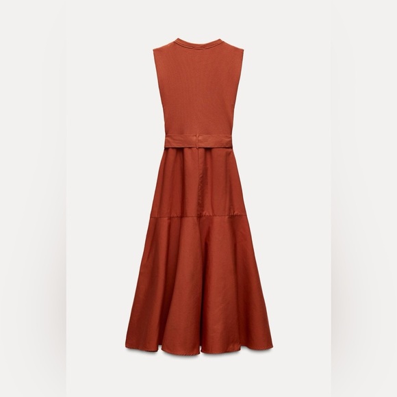 ZARA | A-line contrast rust colored belted midi dress - Picture 8 of 16